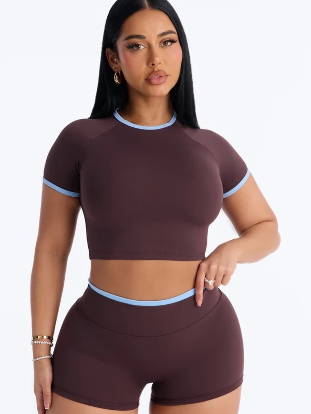 Fashion Nova Chocolate Crop Tee with Light Blue Trim